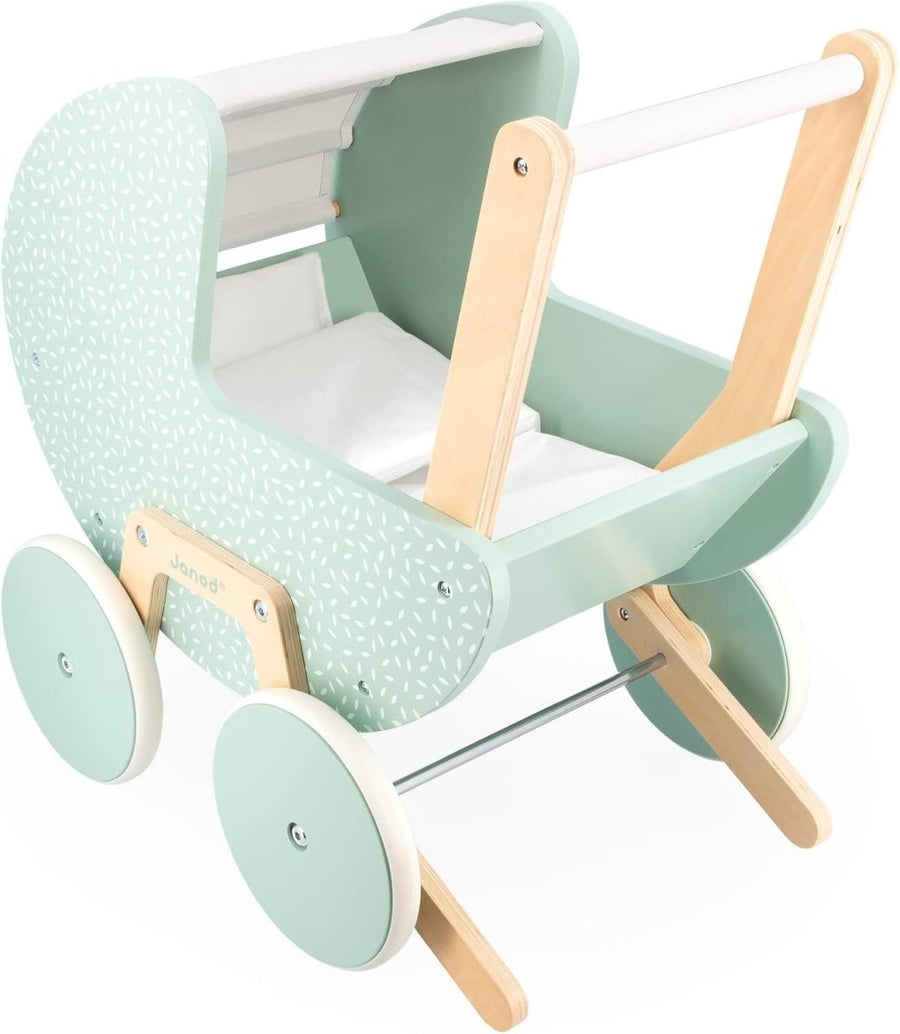 Wooden Doll Pram Stroller for Toddlers 18+ with Blanket Pillow Silent Wheels - Kwikley