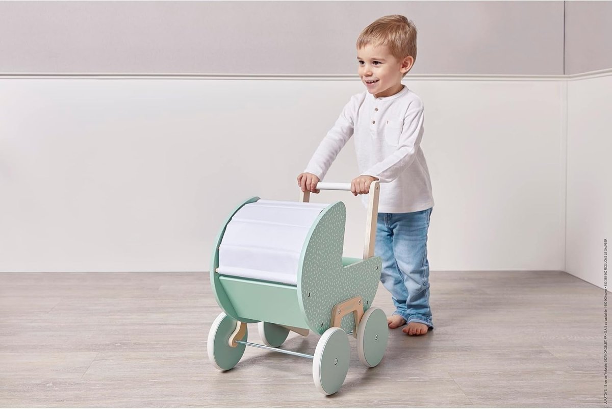 Wooden Doll Pram Stroller for Toddlers 18+ with Blanket Pillow Silent Wheels - Kwikley