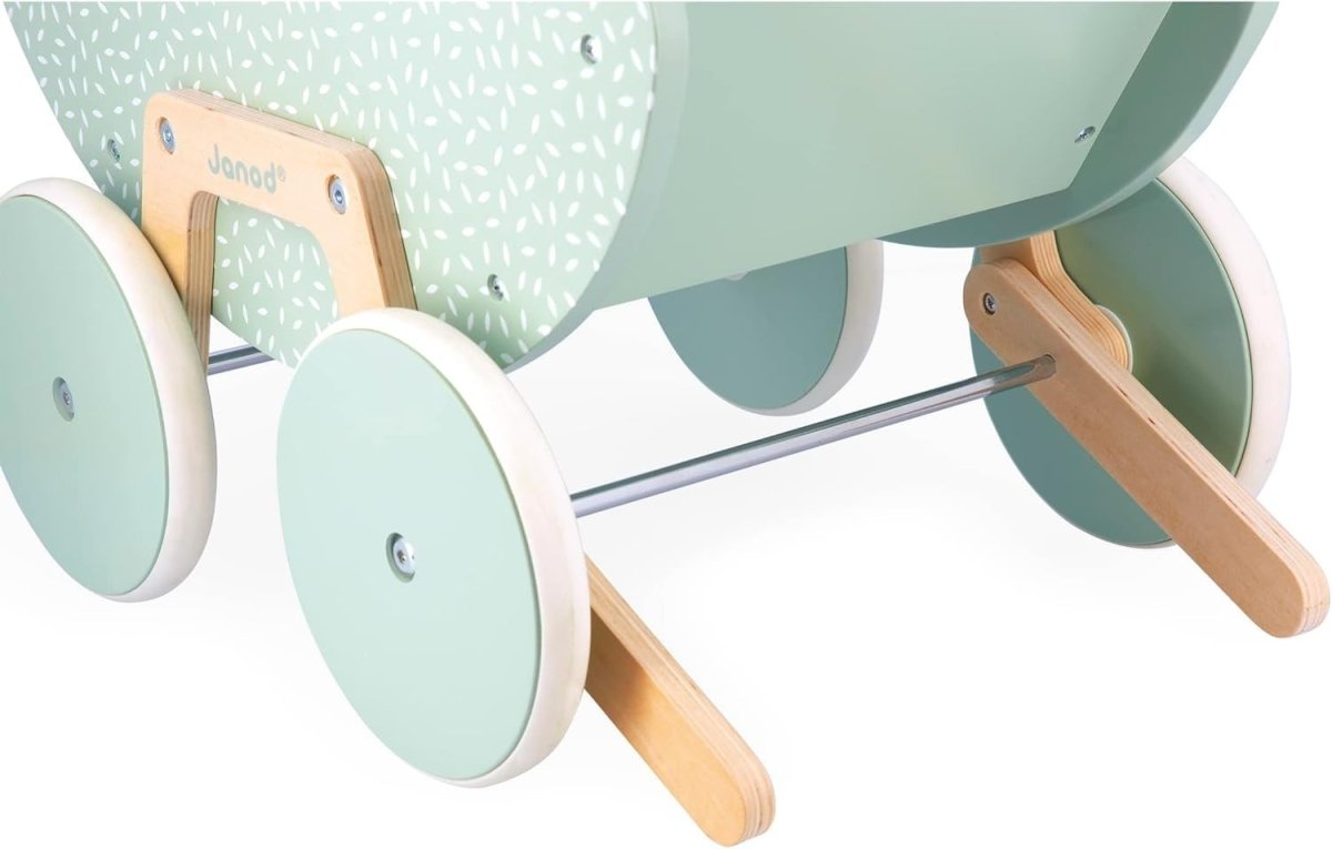 Wooden Doll Pram Stroller for Toddlers 18+ with Blanket Pillow Silent Wheels - Kwikley