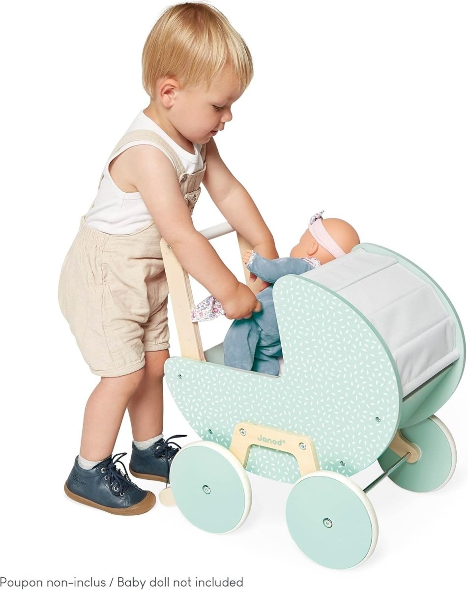 Wooden Doll Pram Stroller for Toddlers 18+ with Blanket Pillow Silent Wheels - Kwikley