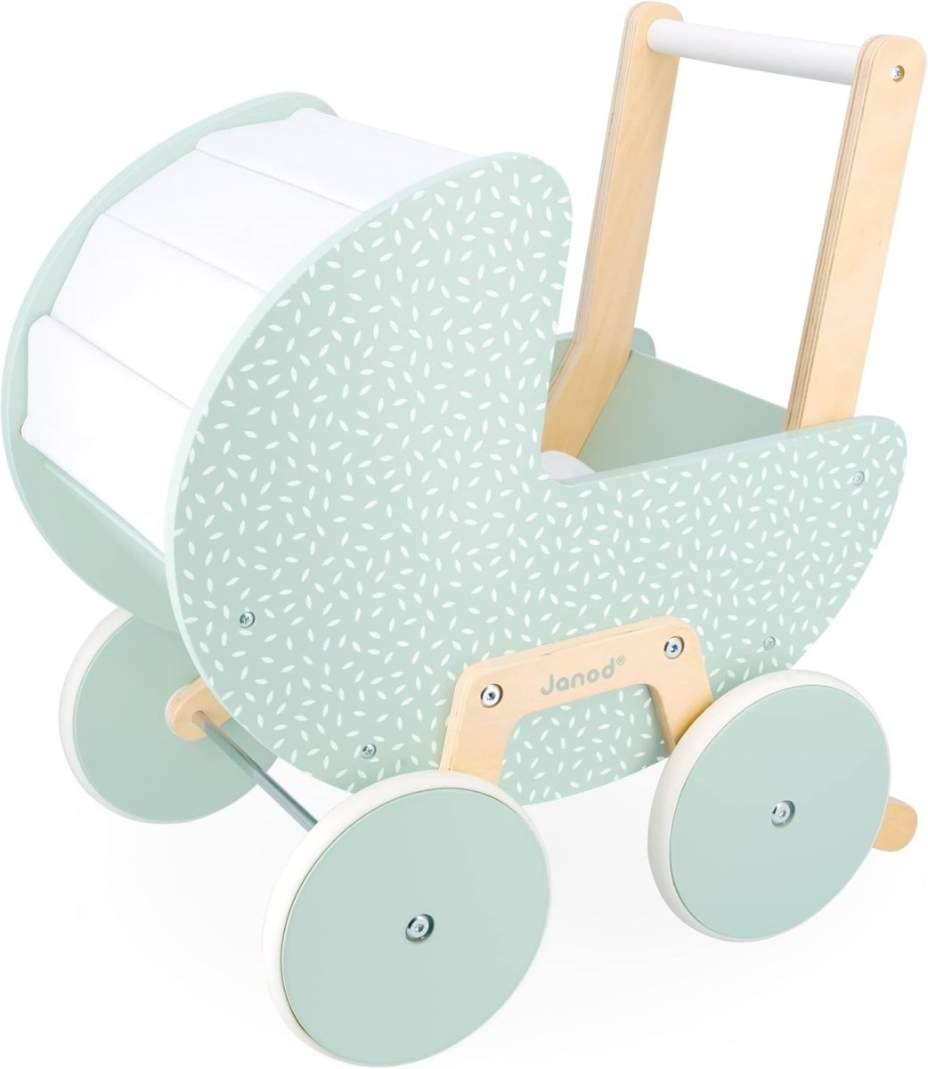 Wooden Doll Pram Stroller for Toddlers 18+ with Blanket Pillow Silent Wheels - Kwikley