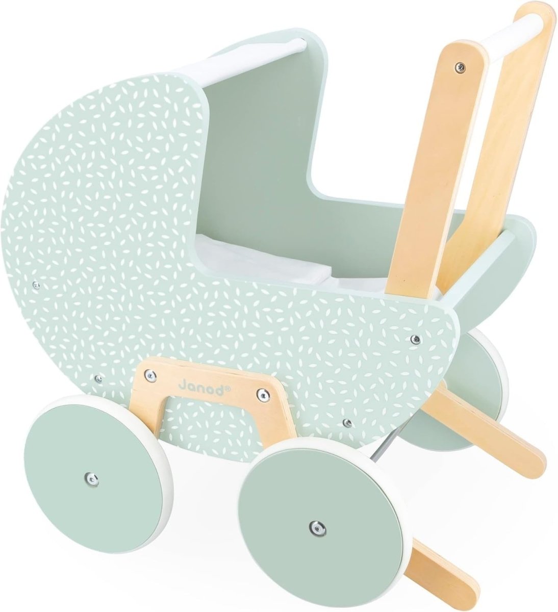 Wooden Doll Pram Stroller for Toddlers 18+ with Blanket Pillow Silent Wheels - Kwikley