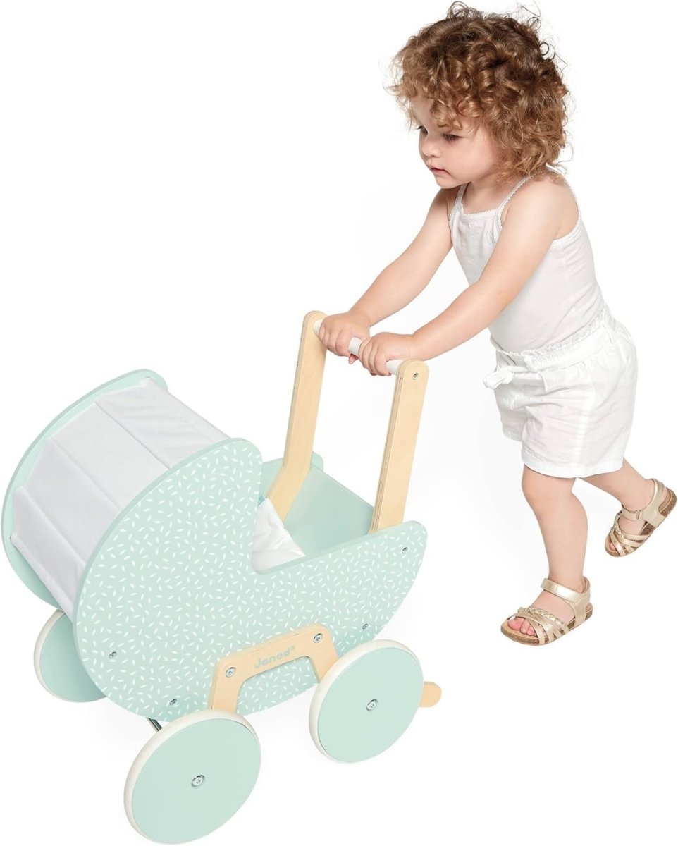 Wooden Doll Pram Stroller for Toddlers 18+ with Blanket Pillow Silent Wheels - Kwikley