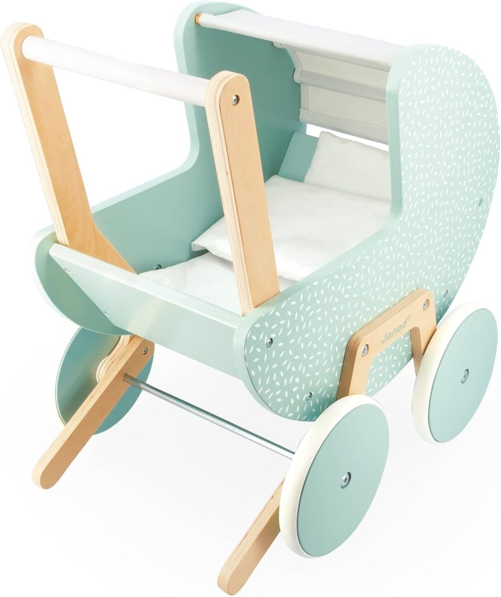 Wooden Doll Pram Stroller for Toddlers 18+ with Blanket Pillow Silent Wheels - Kwikley