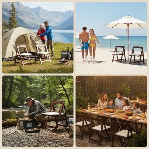 Wooden Folding Chair Padded PU Leather Seat Portable Indoor Outdoor Chair - Kwikley