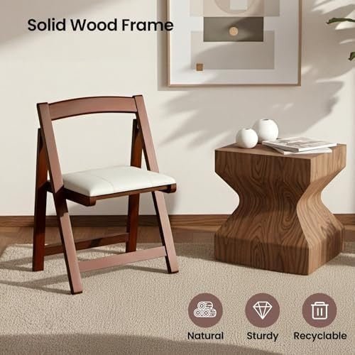 Wooden Folding Chair Padded PU Leather Seat Portable Indoor Outdoor Chair - Kwikley