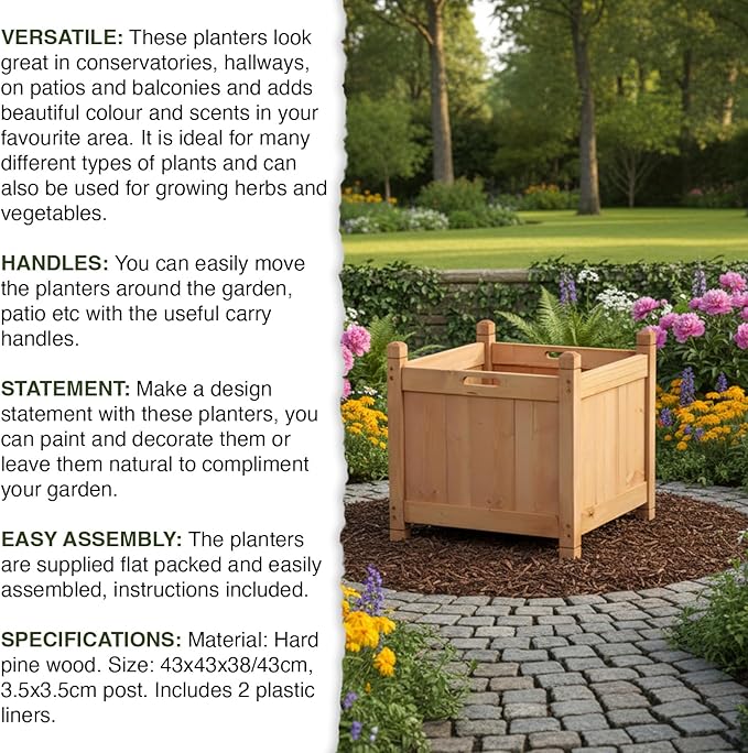 Wooden Garden Planter Box Set 2 Outdoor Square Pot with Liners - Kwikley