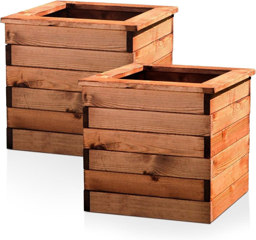 Wooden Garden Planters Square Outdoor Pots 47cm Set 2 - Kwikley