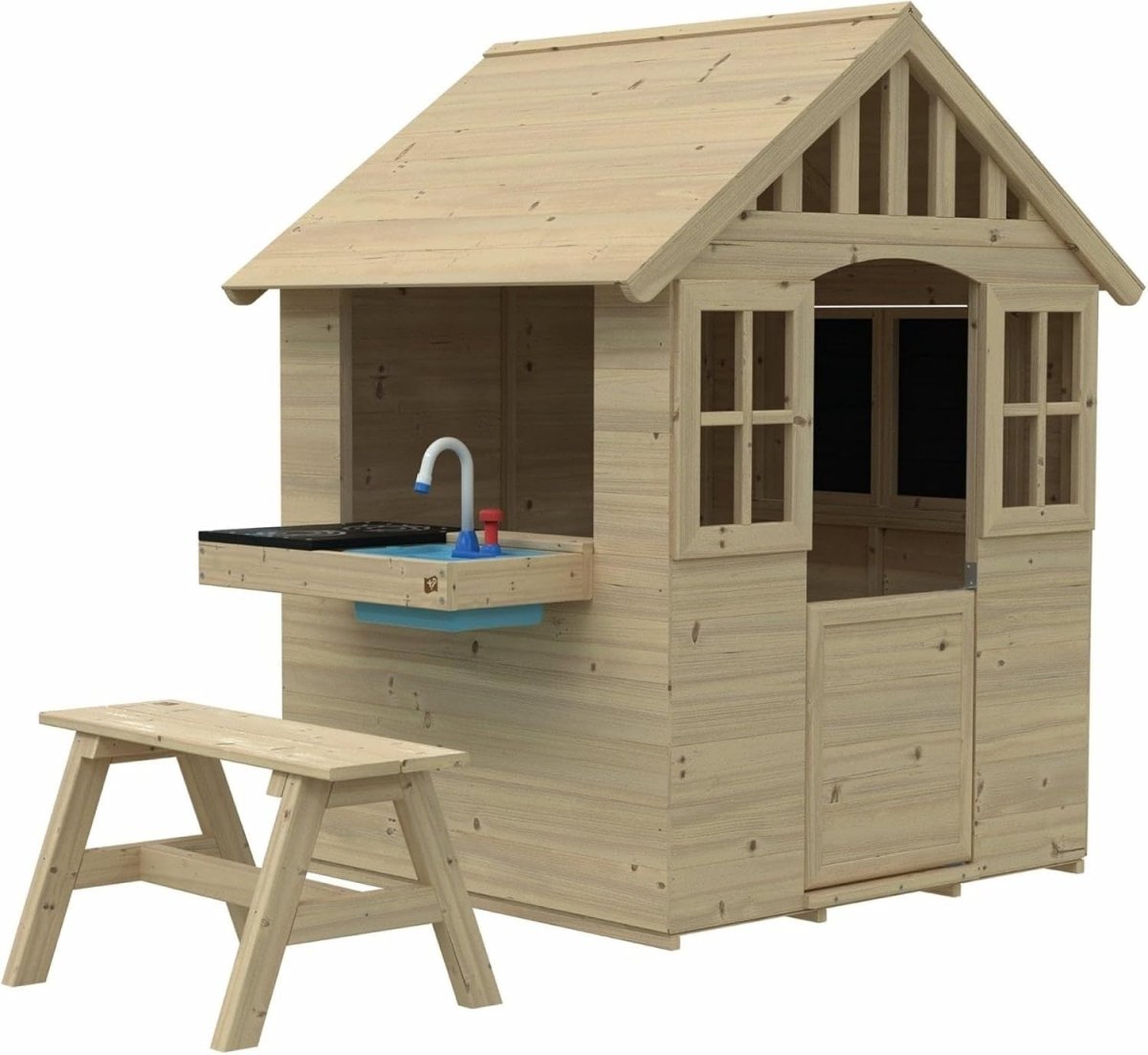 Wooden Kids Cottage Playhouse Outdoor w Mud Kitchen Table Bench - Kwikley