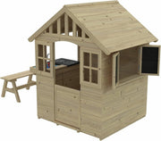 Wooden Kids Cottage Playhouse Outdoor w Mud Kitchen Table Bench - Kwikley