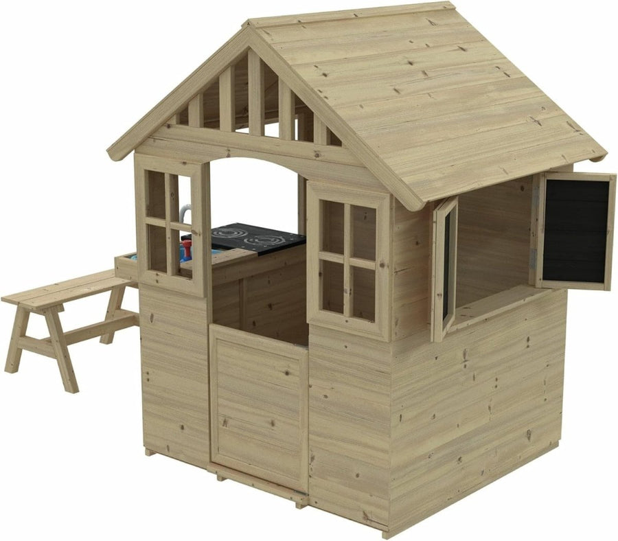 Wooden Kids Cottage Playhouse Outdoor w Mud Kitchen Table Bench - Kwikley
