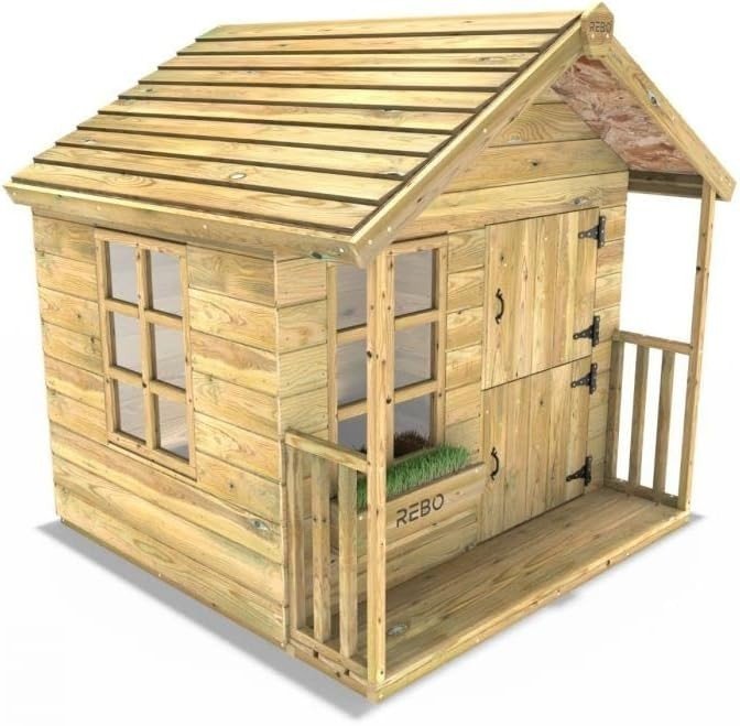 Wooden Kids Garden Playhouse 5x5ft Outdoor Wendy House Veranda - Kwikley