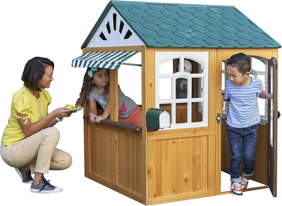 Wooden Kids Garden Playhouse Outdoor w Doorbell Mailbox Chalkboard - Kwikley