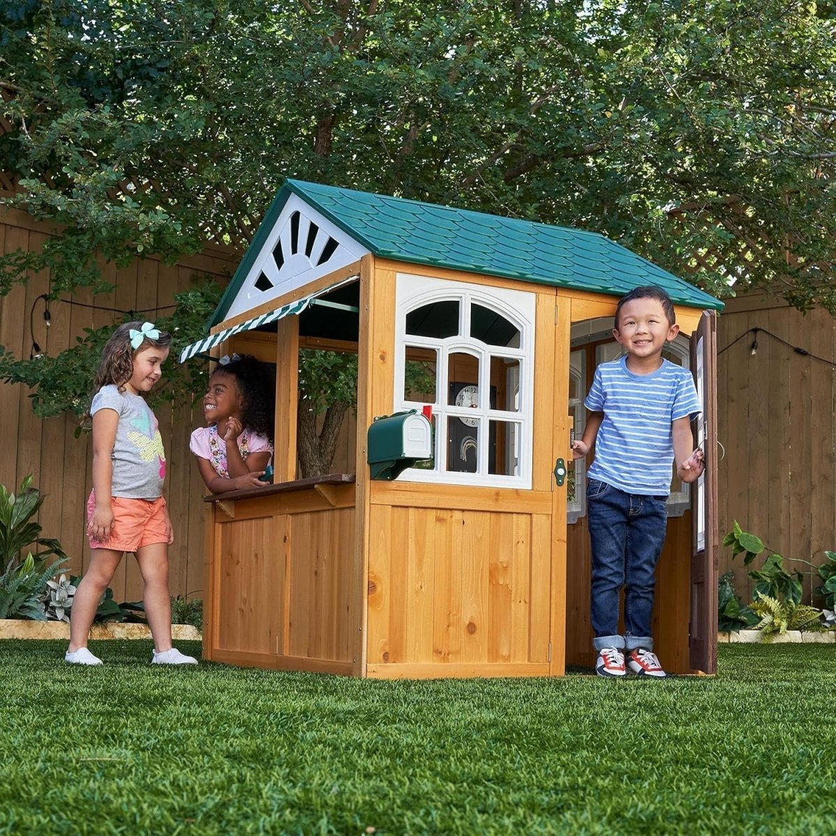 Wooden Kids Garden Playhouse Outdoor w Doorbell Mailbox Chalkboard - Kwikley