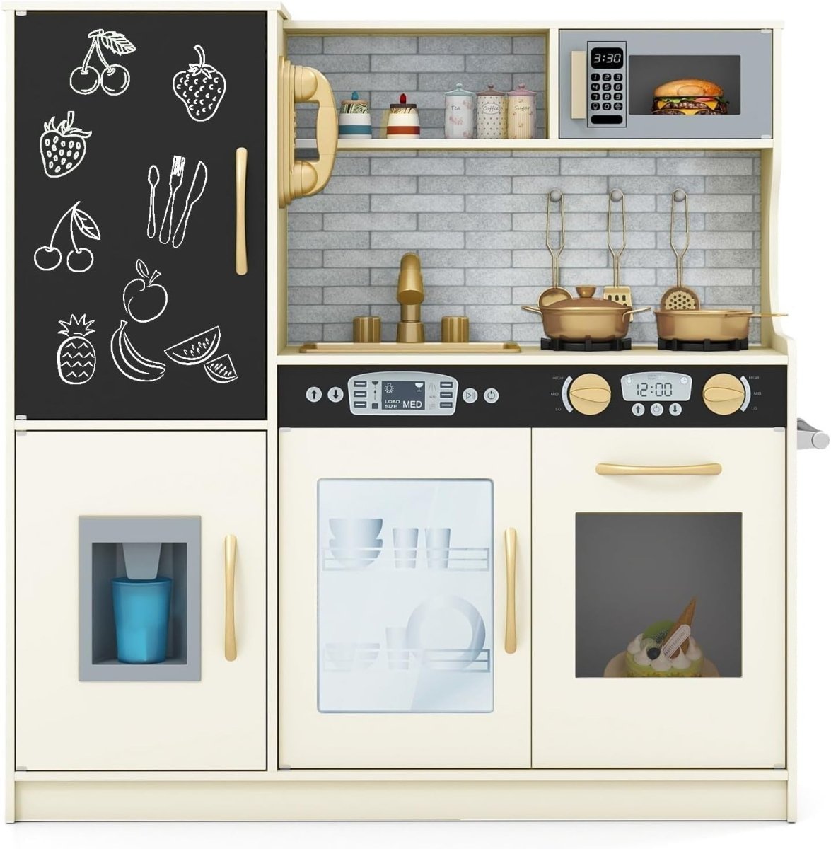 Wooden Kids Play Kitchen Beige w/ Chalkboard Ice Maker Microwave - Kwikley