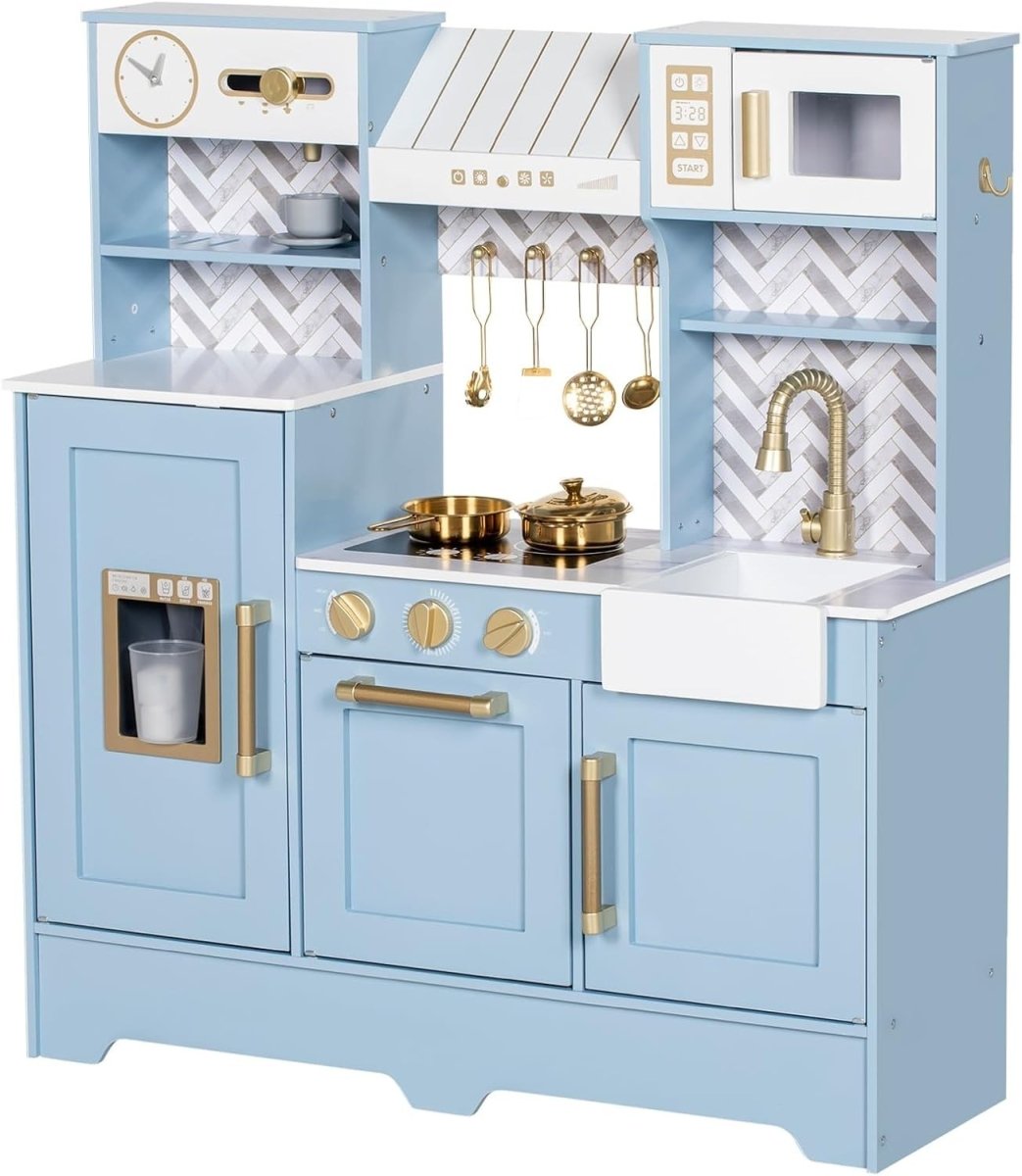 Wooden Kids Play Kitchen Blue Ice Maker Coffee Machine Toy Set - Kwikley