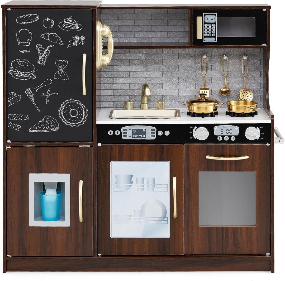 Wooden Kids Play Kitchen Coffee w/ Chalkboard Ice Maker Microwave - Kwikley
