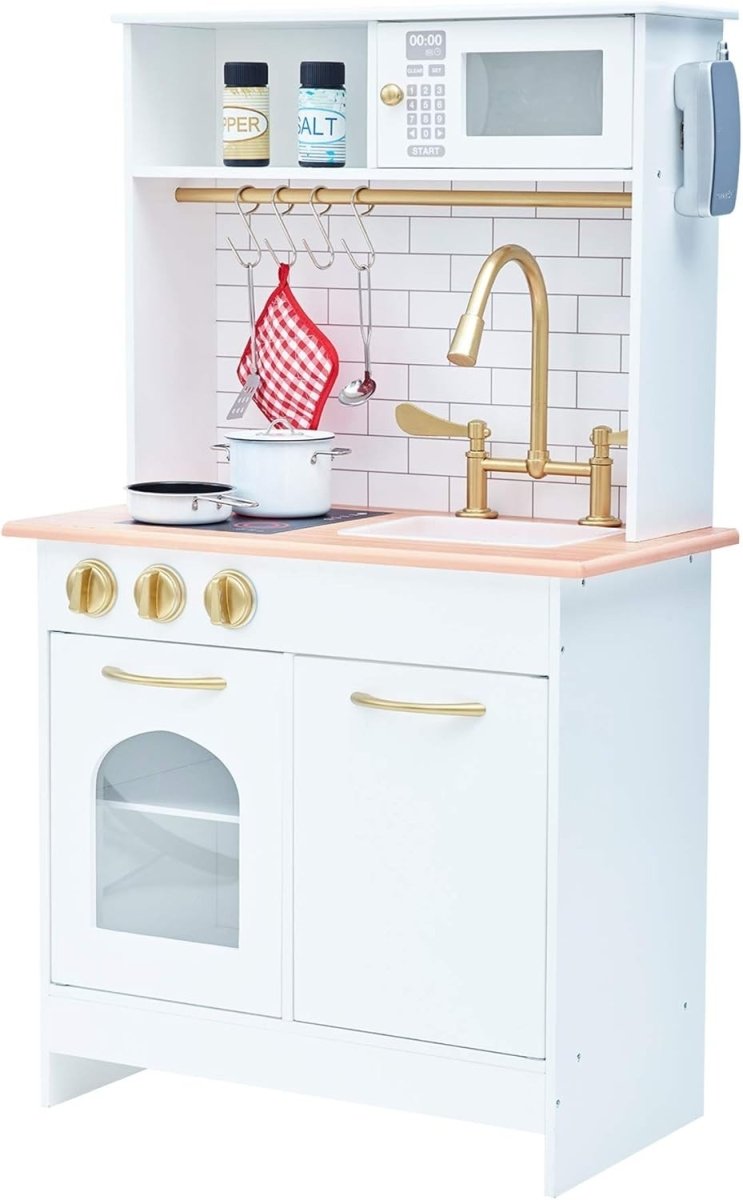 Wooden Kids Play Kitchen Farmhouse Sink Oven Microwave White Gold - Kwikley