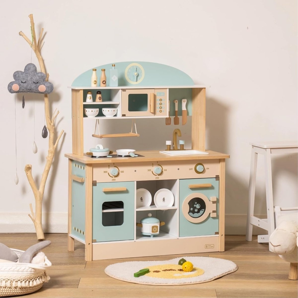 Wooden Kids Play Kitchen Green Oven Microwave Washing Machine Toy - Kwikley