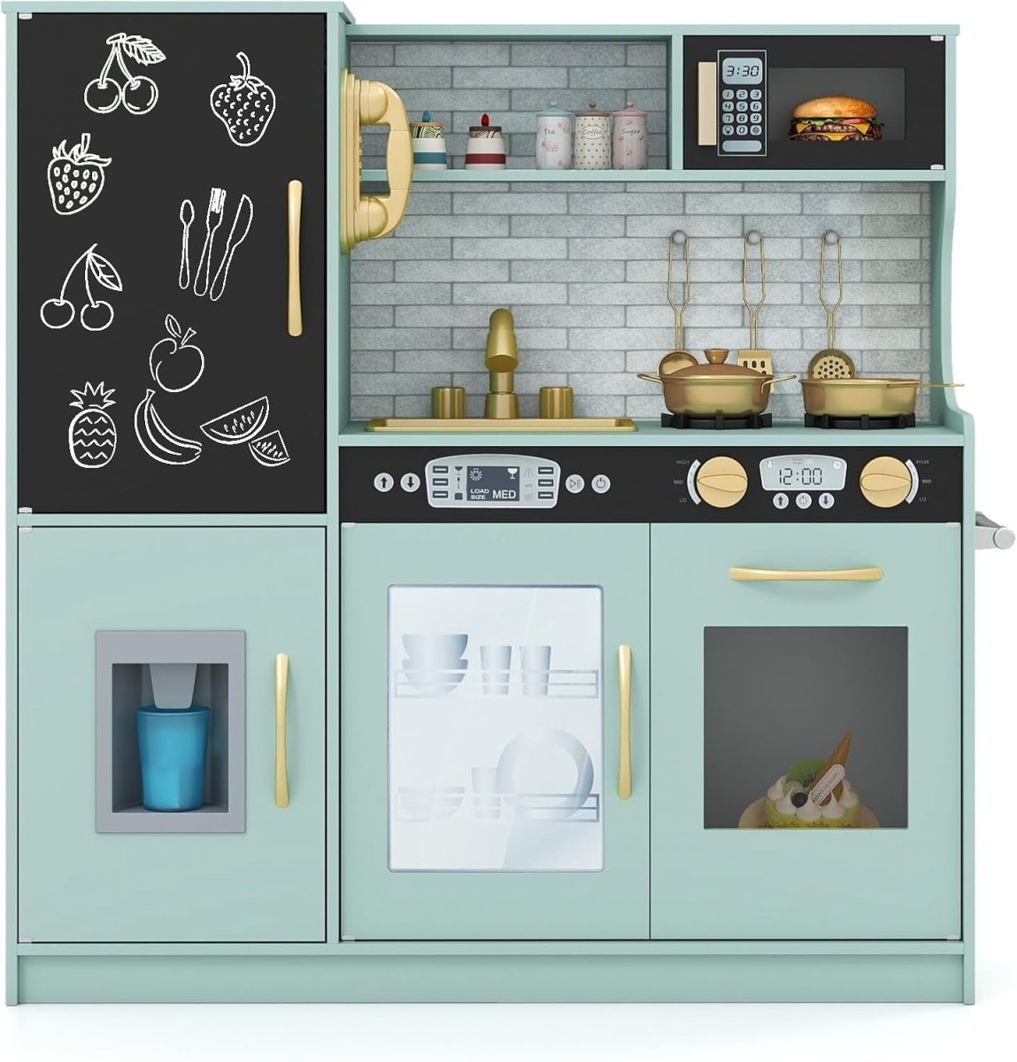 Wooden Kids Play Kitchen Green w/ Chalkboard Ice Maker Microwave - Kwikley