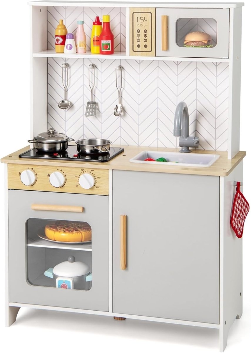 Wooden Kids Play Kitchen Lights Sounds Oven Microwave White Grey - Kwikley