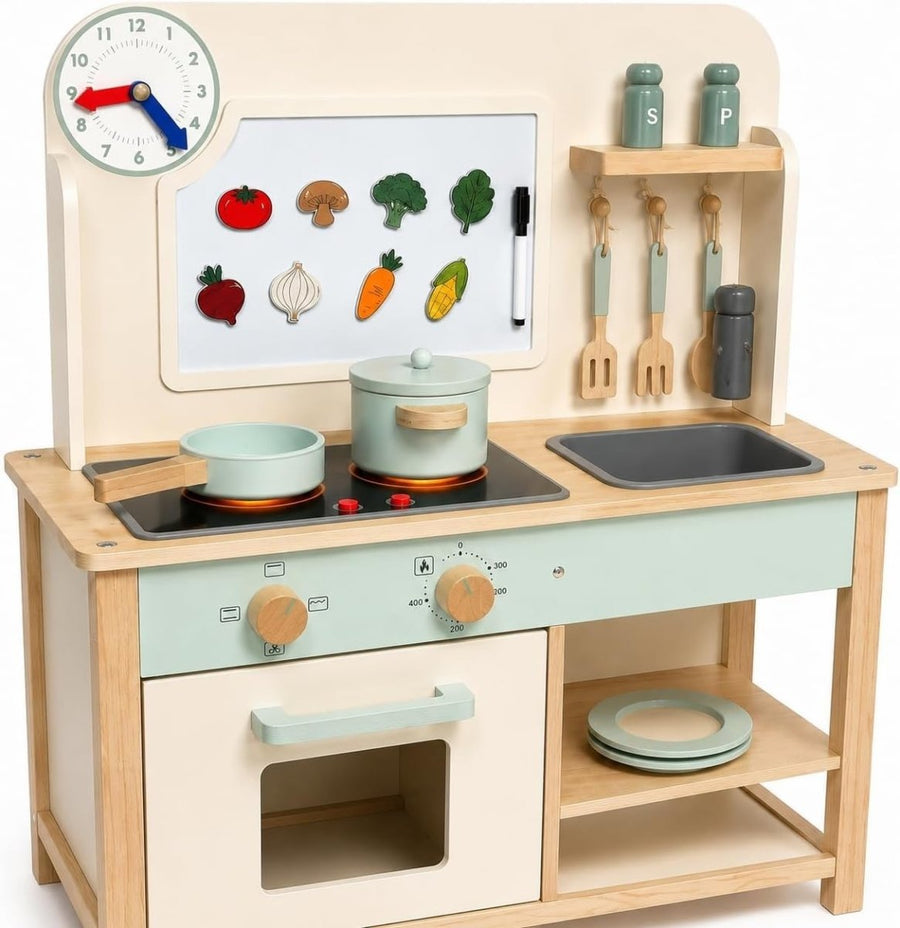 Wooden Kids Play Kitchen Lights Sounds Pots Pans Magnetic Veg Toys - Kwikley