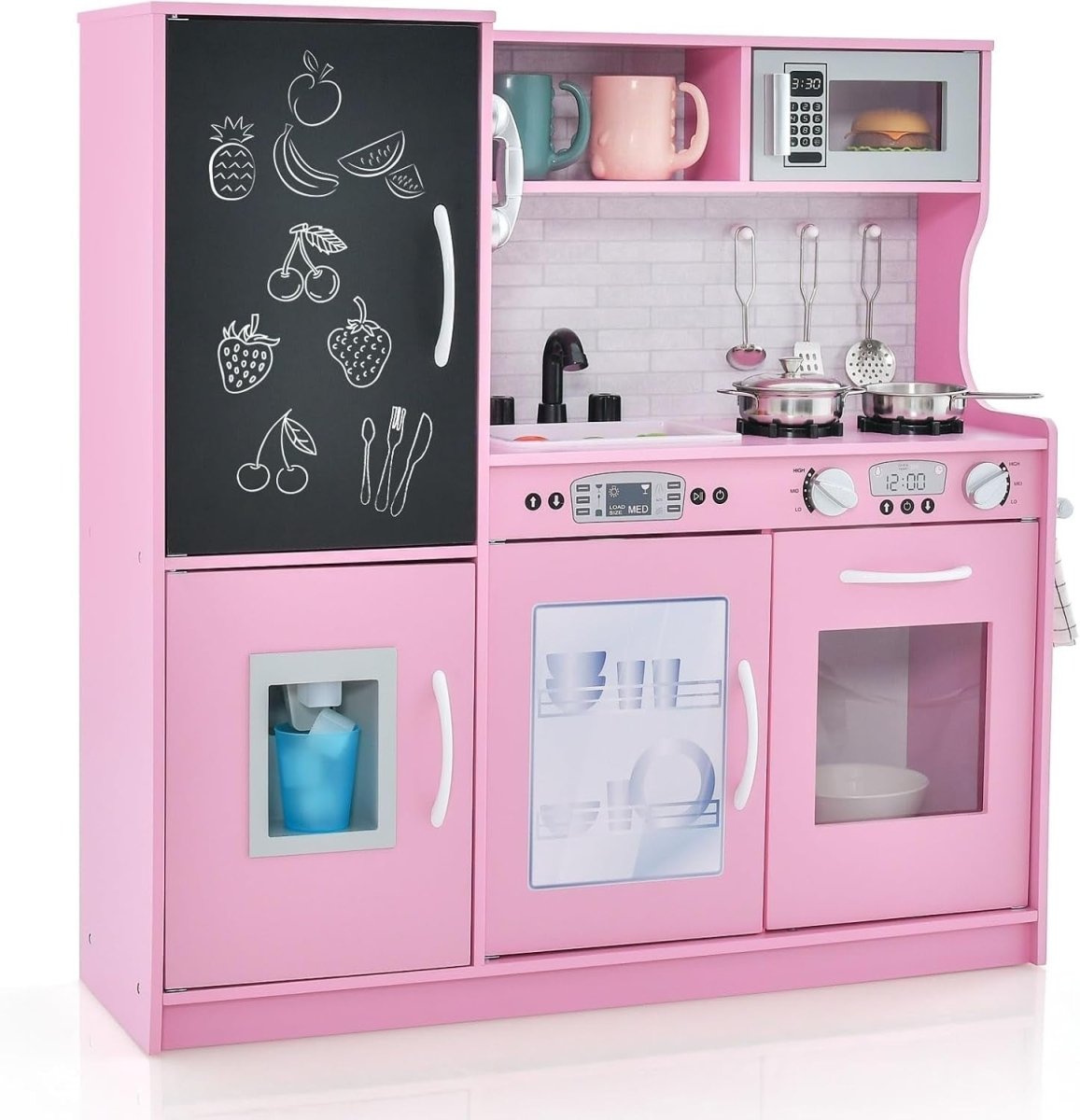 Wooden Kids Play Kitchen Pink w/ Chalkboard Ice Maker Microwave - Kwikley
