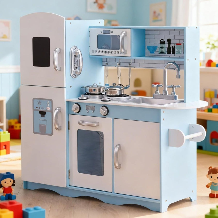 Wooden Kids Play Kitchen Role Play Cooking Toy Set Blue Accessories - Kwikley