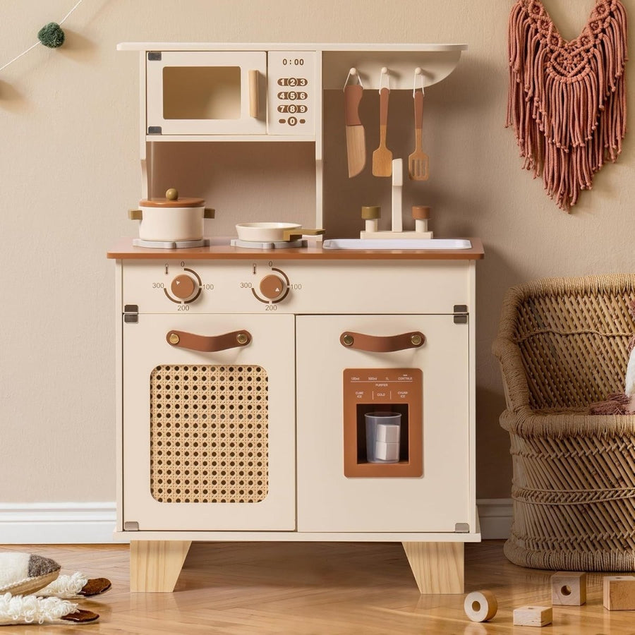Wooden Kids Play Kitchen w/ Ice Dispenser Vintage Cream Toy - Kwikley