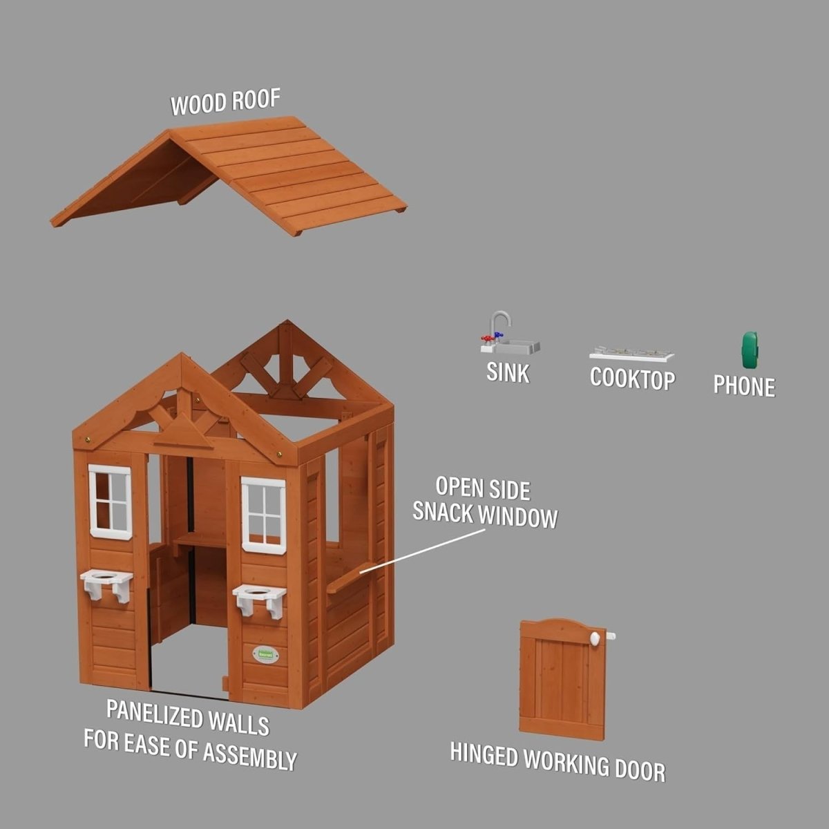Wooden Kids Playhouse Outdoor Garden Cubby with Toy Kitchen Age 2–7 - Kwikley