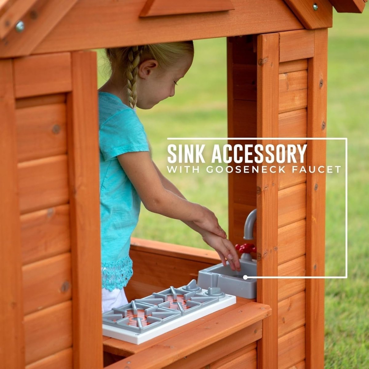 Wooden Kids Playhouse Outdoor Garden Cubby with Toy Kitchen Age 2–7 - Kwikley