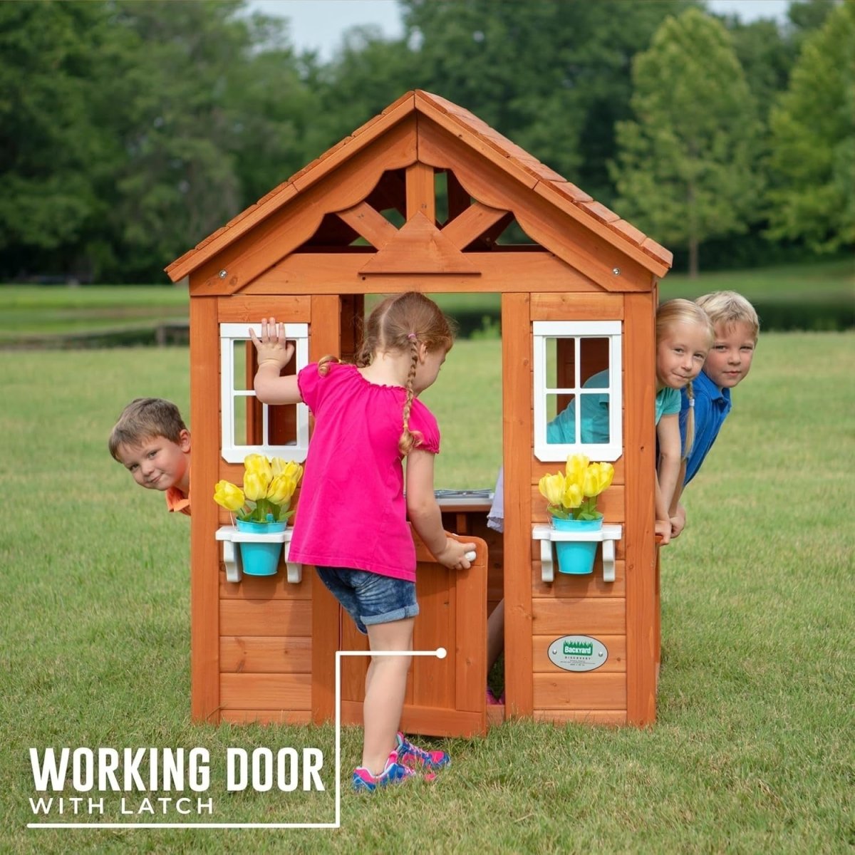 Wooden Kids Playhouse Outdoor Garden Cubby with Toy Kitchen Age 2–7 - Kwikley