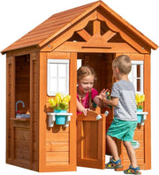 Wooden Kids Playhouse Outdoor Garden Cubby with Toy Kitchen Age 2–7 - Kwikley