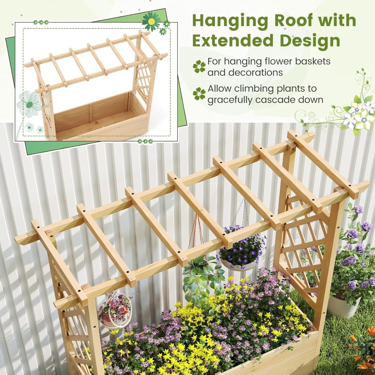 Wooden Raised Garden Planter with Trellis Roof Climbing Plant Box - Kwikley