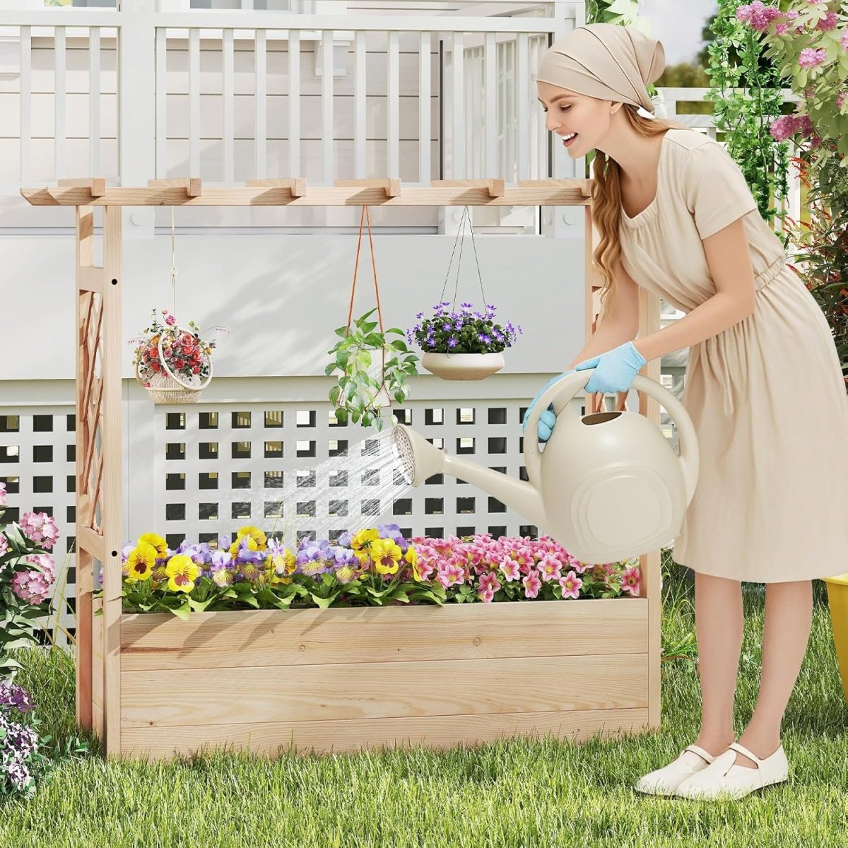Wooden Raised Garden Planter with Trellis Roof Climbing Plant Box - Kwikley