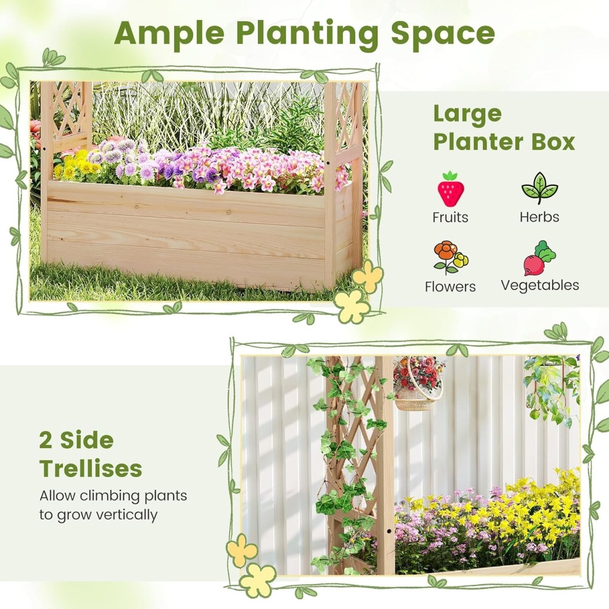 Wooden Raised Garden Planter with Trellis Roof Climbing Plant Box - Kwikley