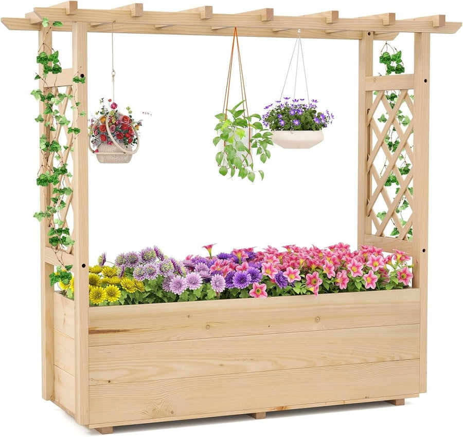 Wooden Raised Garden Planter with Trellis Roof Climbing Plant Box - Kwikley