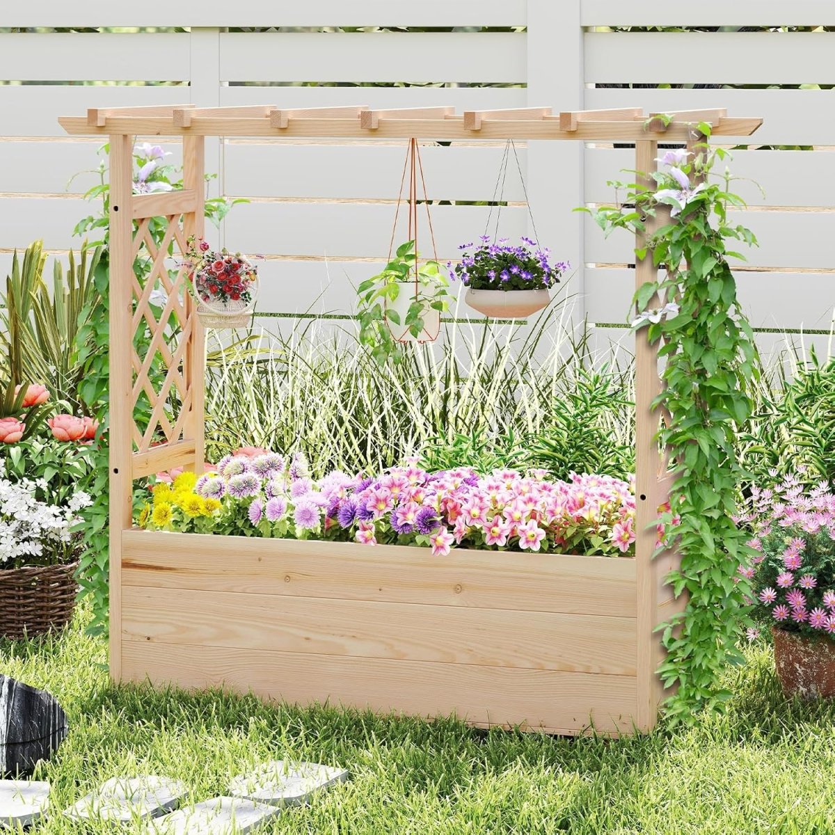 Wooden Raised Garden Planter with Trellis Roof Climbing Plant Box - Kwikley