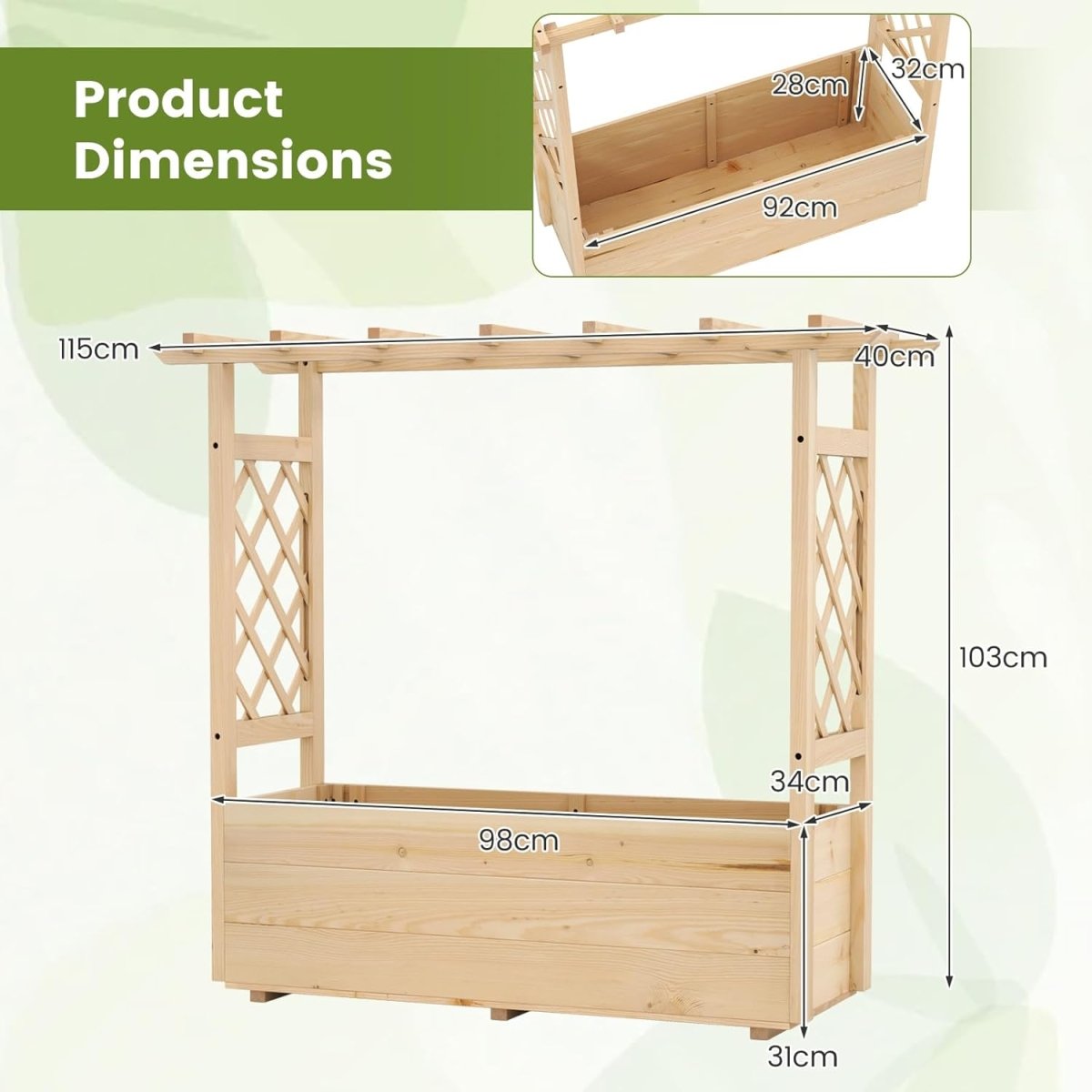 Wooden Raised Garden Planter with Trellis Roof Climbing Plant Box - Kwikley