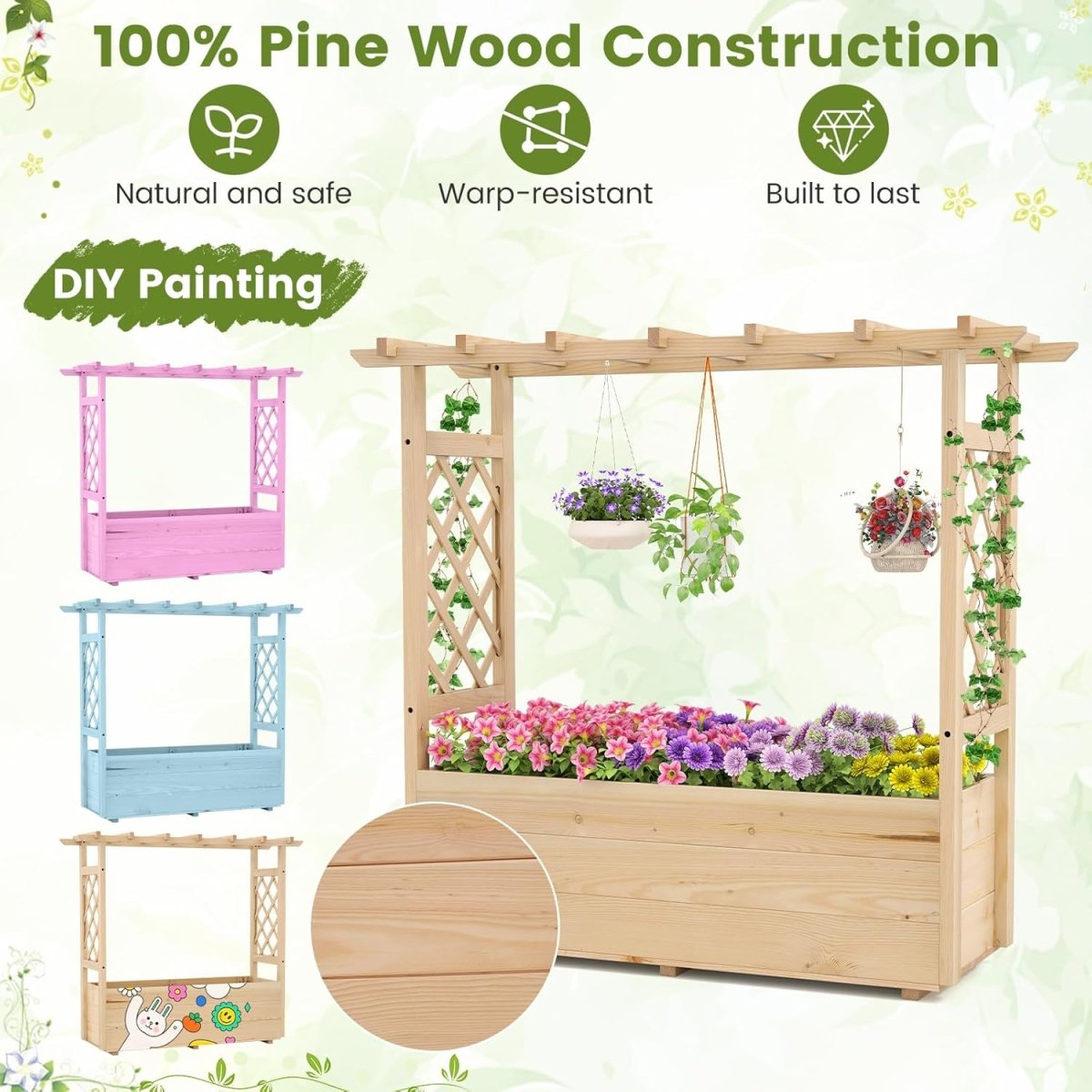 Wooden Raised Garden Planter with Trellis Roof Climbing Plant Box - Kwikley