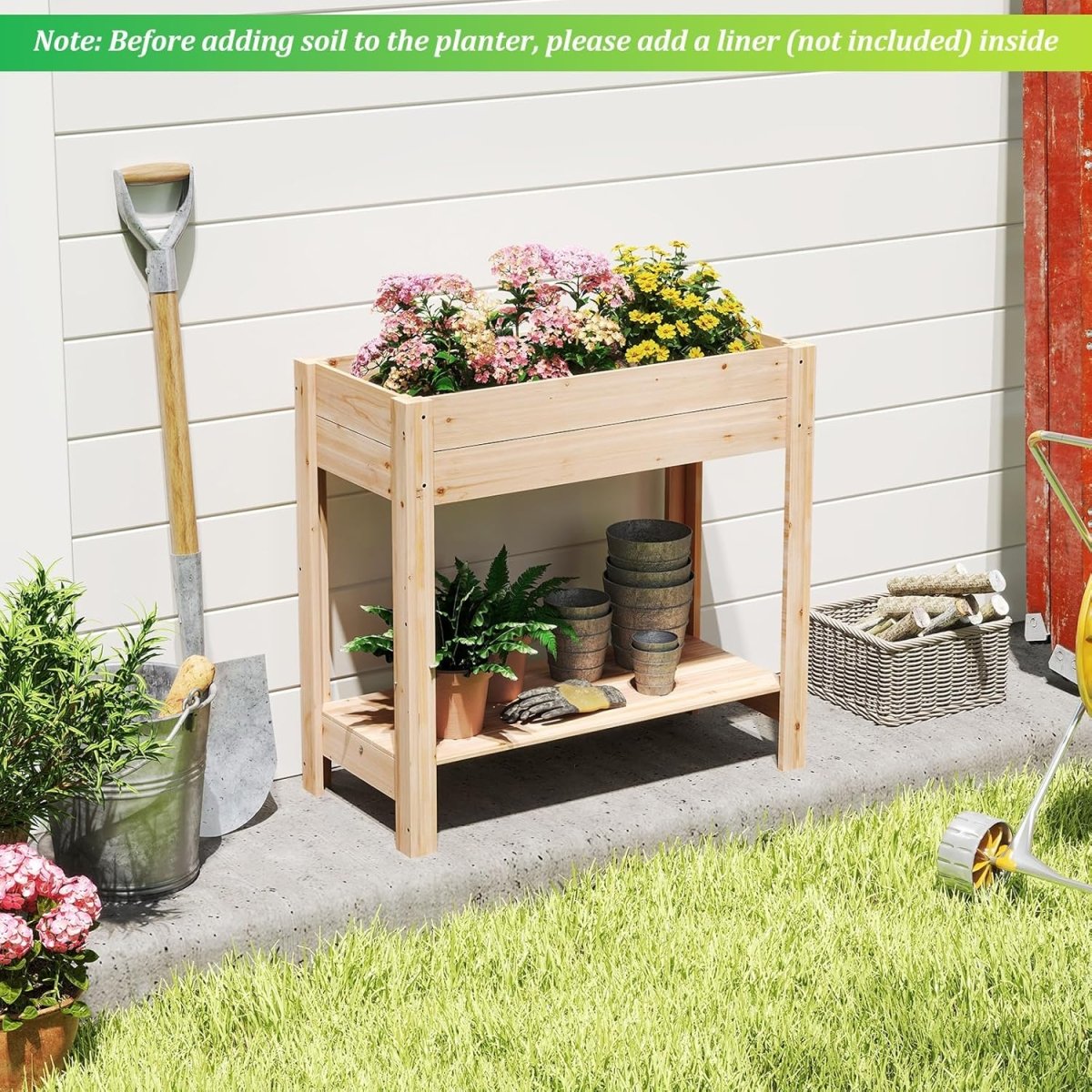 Wooden Raised Planter Stand with Storage Shelf Garden Herb Vegetable Box - Kwikley