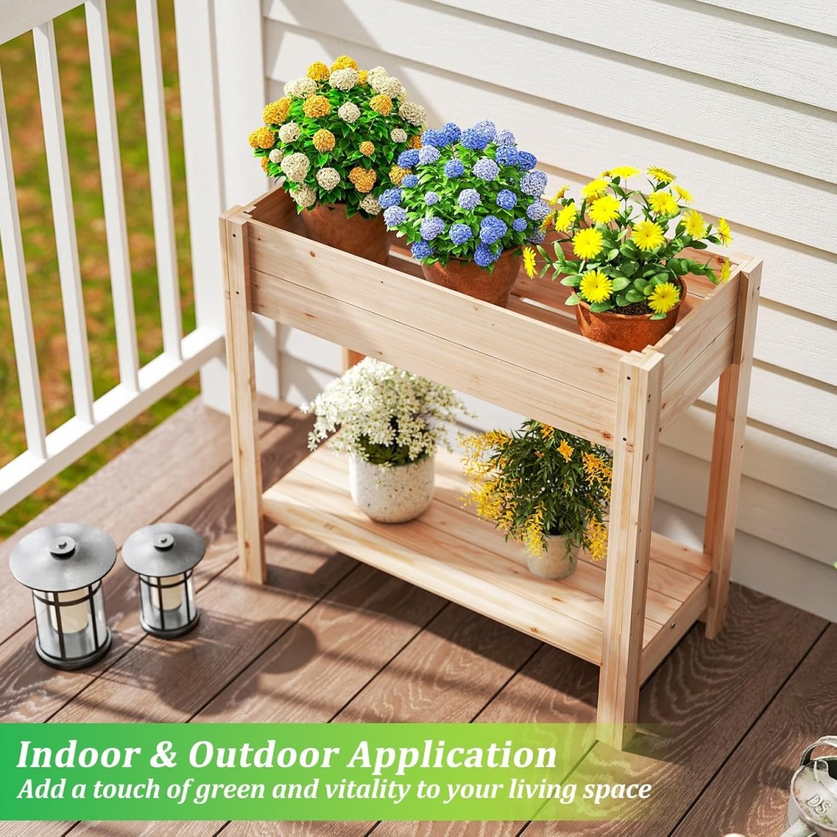 Wooden Raised Planter Stand with Storage Shelf Garden Herb Vegetable Box - Kwikley