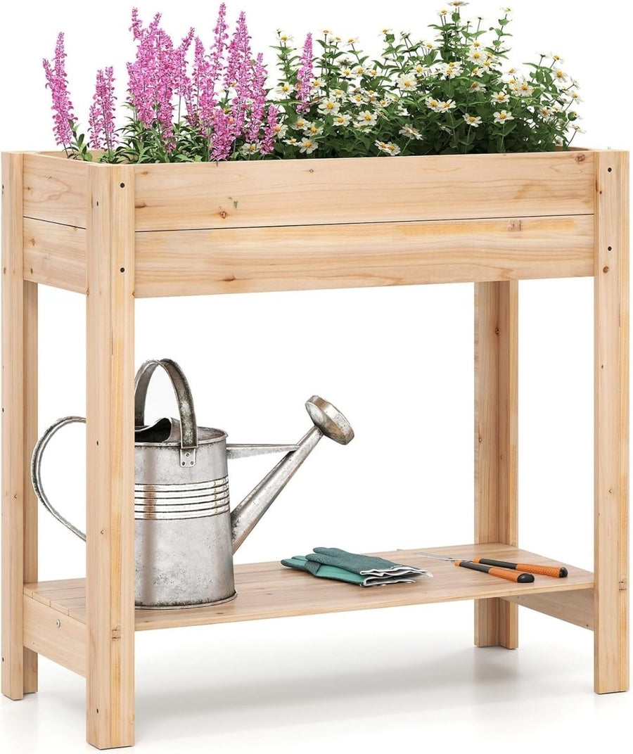 Wooden Raised Planter Stand with Storage Shelf Garden Herb Vegetable Box - Kwikley