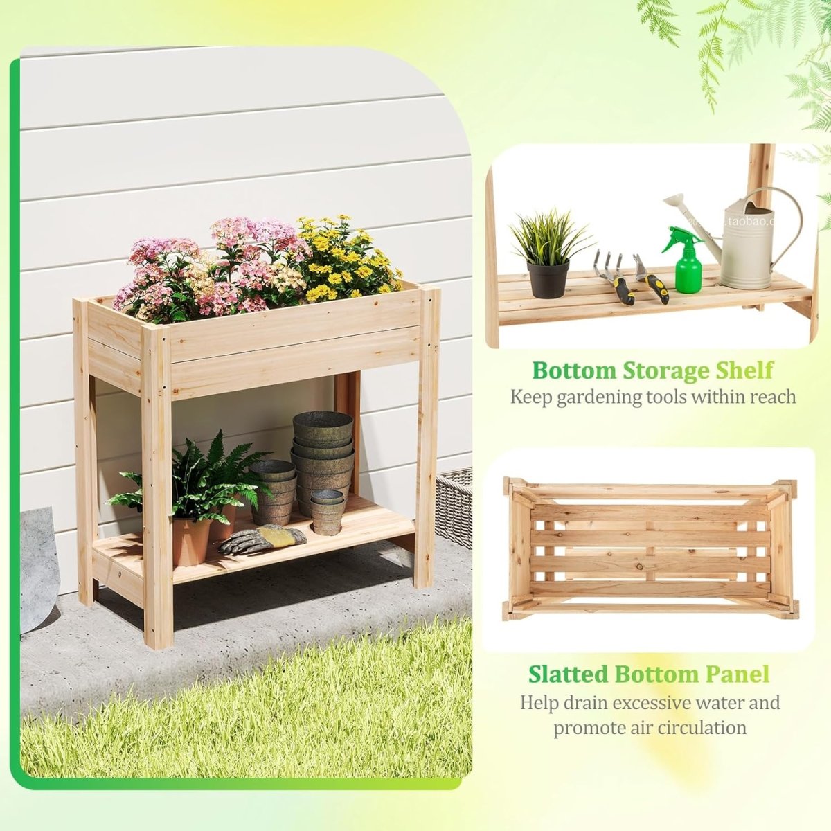 Wooden Raised Planter Stand with Storage Shelf Garden Herb Vegetable Box - Kwikley