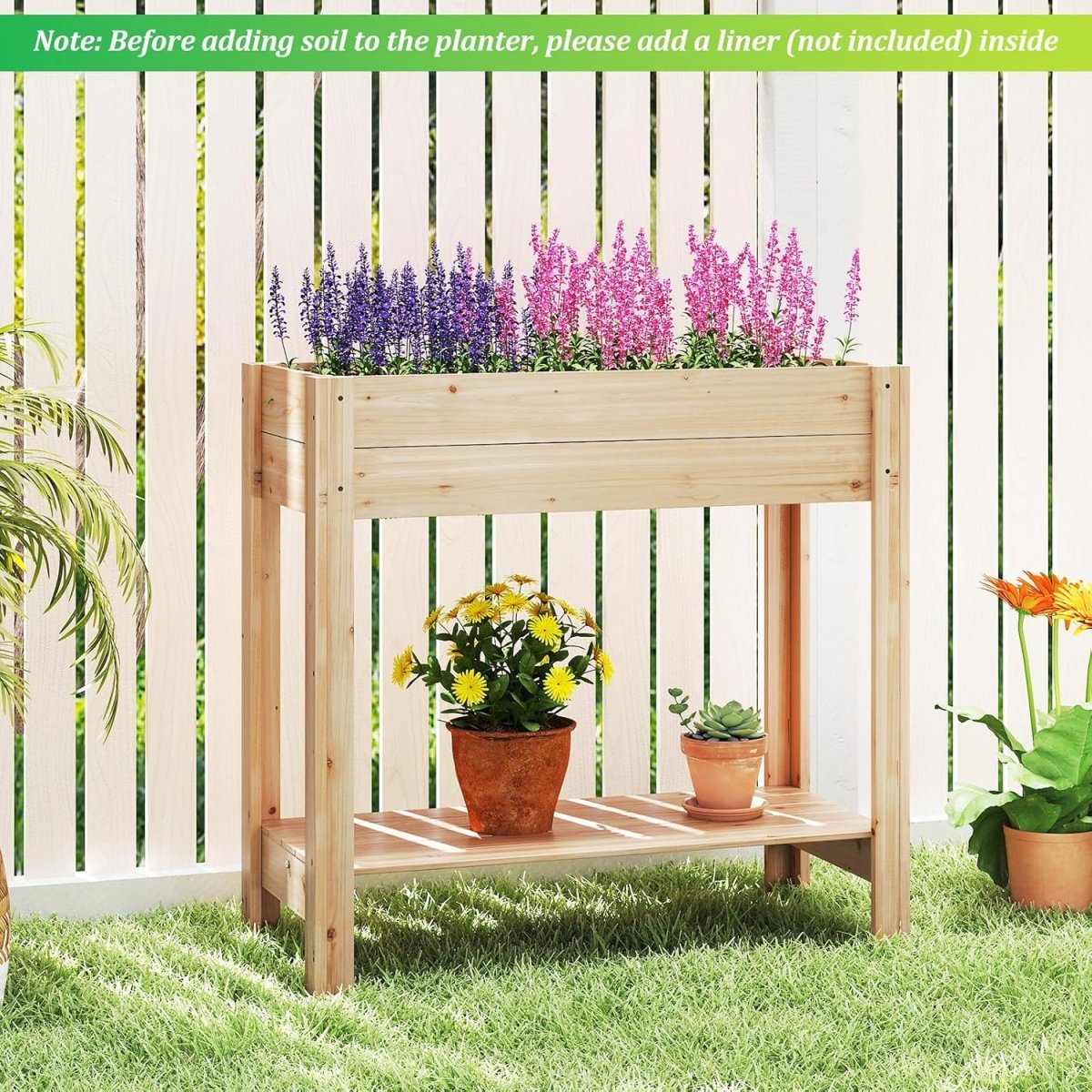 Wooden Raised Planter Stand with Storage Shelf Garden Herb Vegetable Box - Kwikley