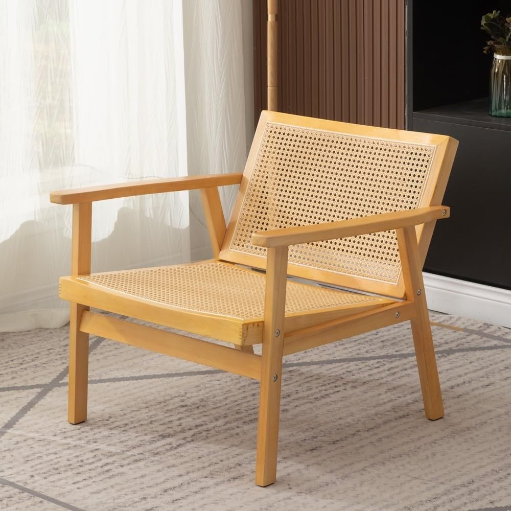 Wooden Rattan Accent Chair Lounge Armchair Natural Solid Frame - Kwikley