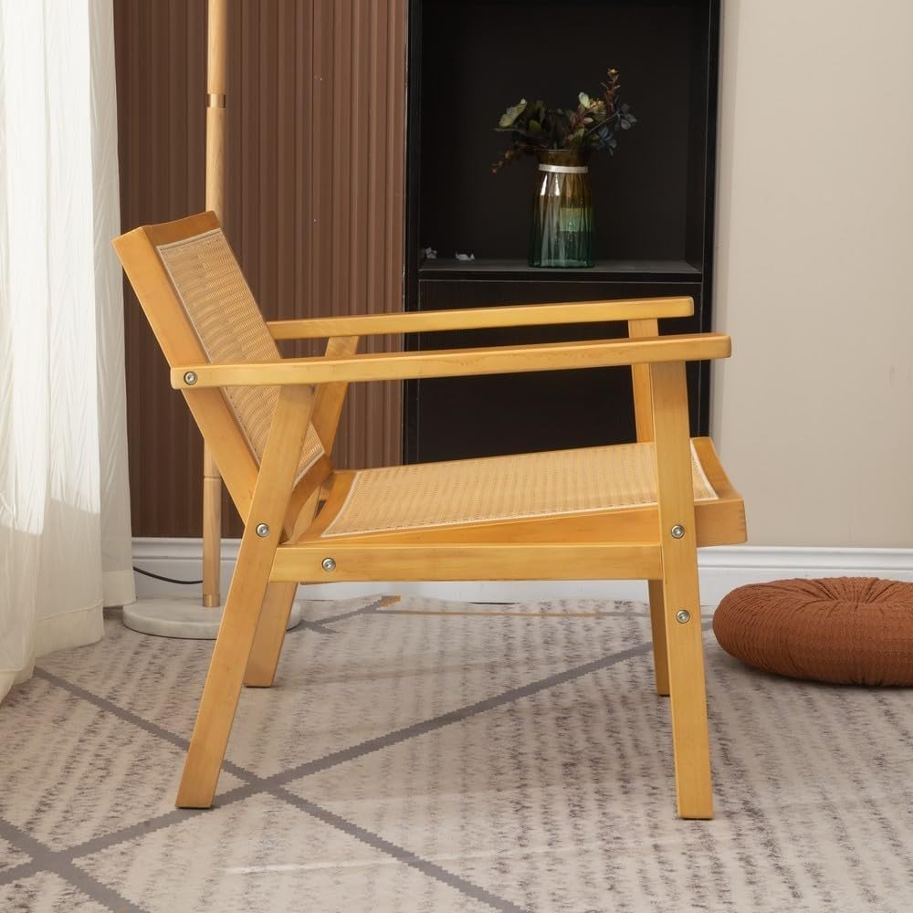 Wooden Rattan Accent Chair Lounge Armchair Natural Solid Frame - Kwikley