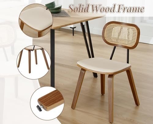 Wooden Rattan Dining Chairs Set of 2 PU Leather Beige - Kwikley