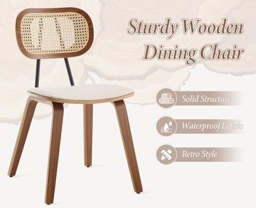 Wooden Rattan Dining Chairs Set of 2 PU Leather Beige - Kwikley