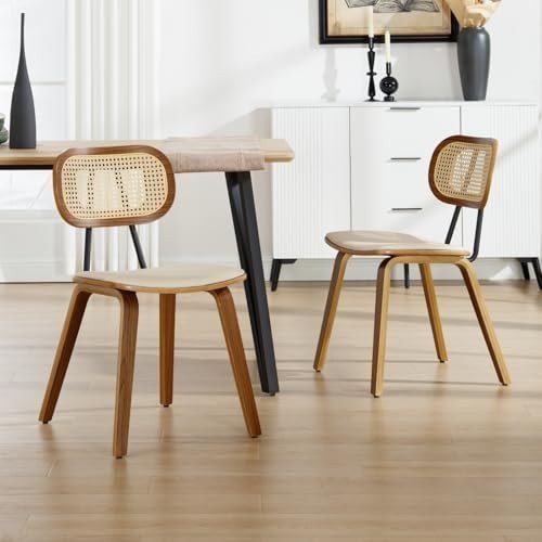 Wooden Rattan Dining Chairs Set of 2 PU Leather Beige - Kwikley